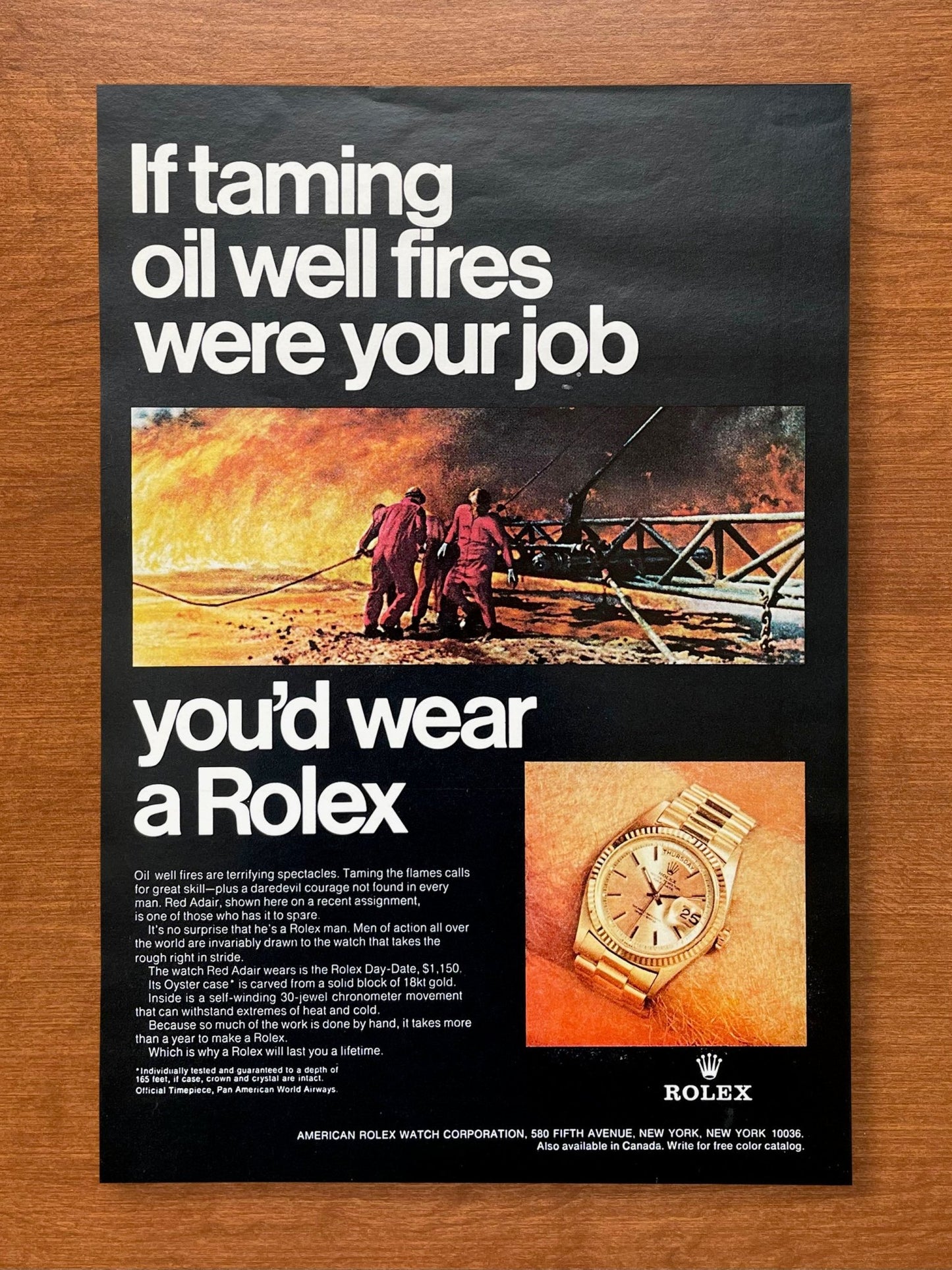 1969 Rolex Day Date Ref. 1803 "Taming oil well fires..." Advertisement