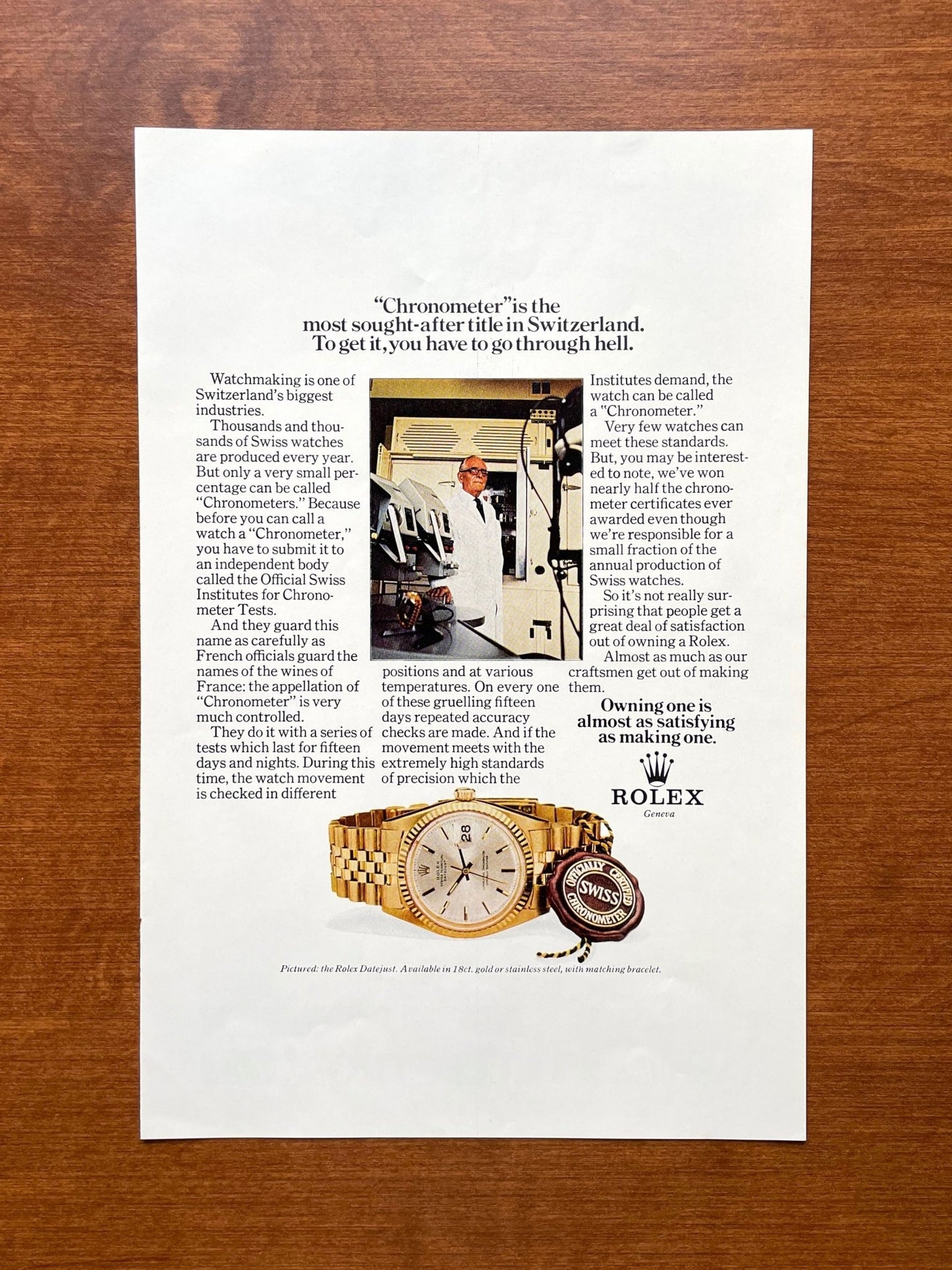 1971 Rolex Datejust Ref. 1601 in 18ct. gold "Chronometer" Advertisement