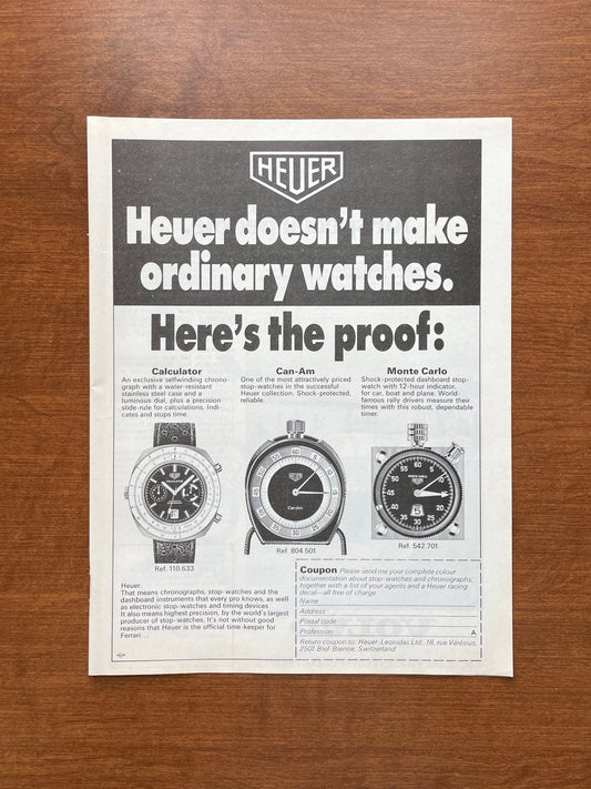 1973 Heuer Calculator, stop-watch, and dashboard timer Advertisement