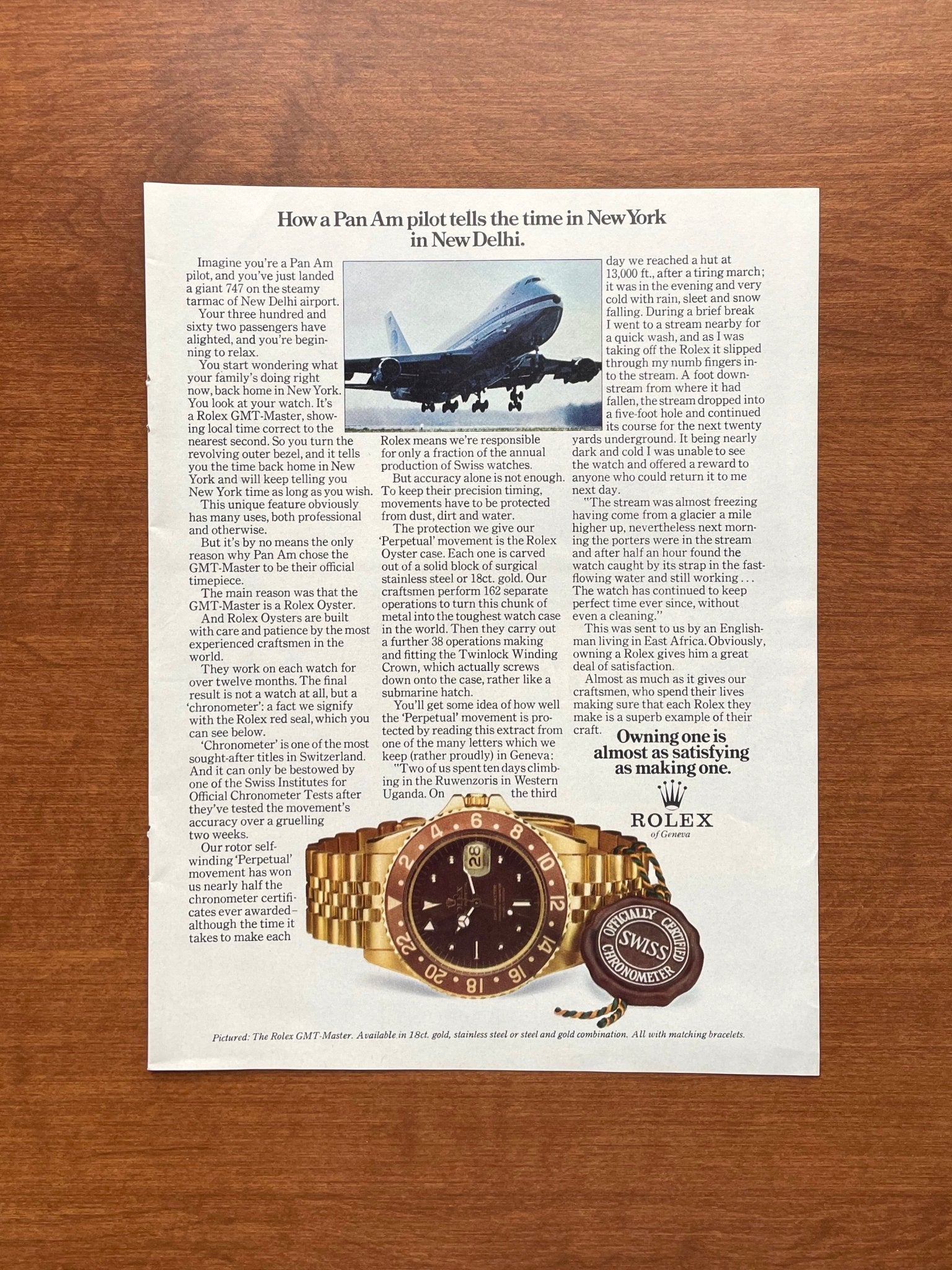 1973 Rolex GMT Master Ref. 1675 "How a Pan Am pilot..." Advertisement