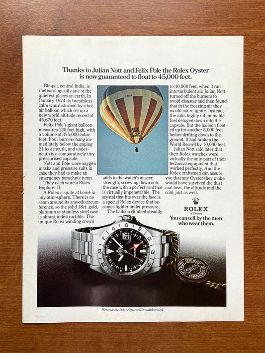1974 Rolex Explorer II Ref. 1655 "guaranteed to float to 45,000 ft." Advertisement