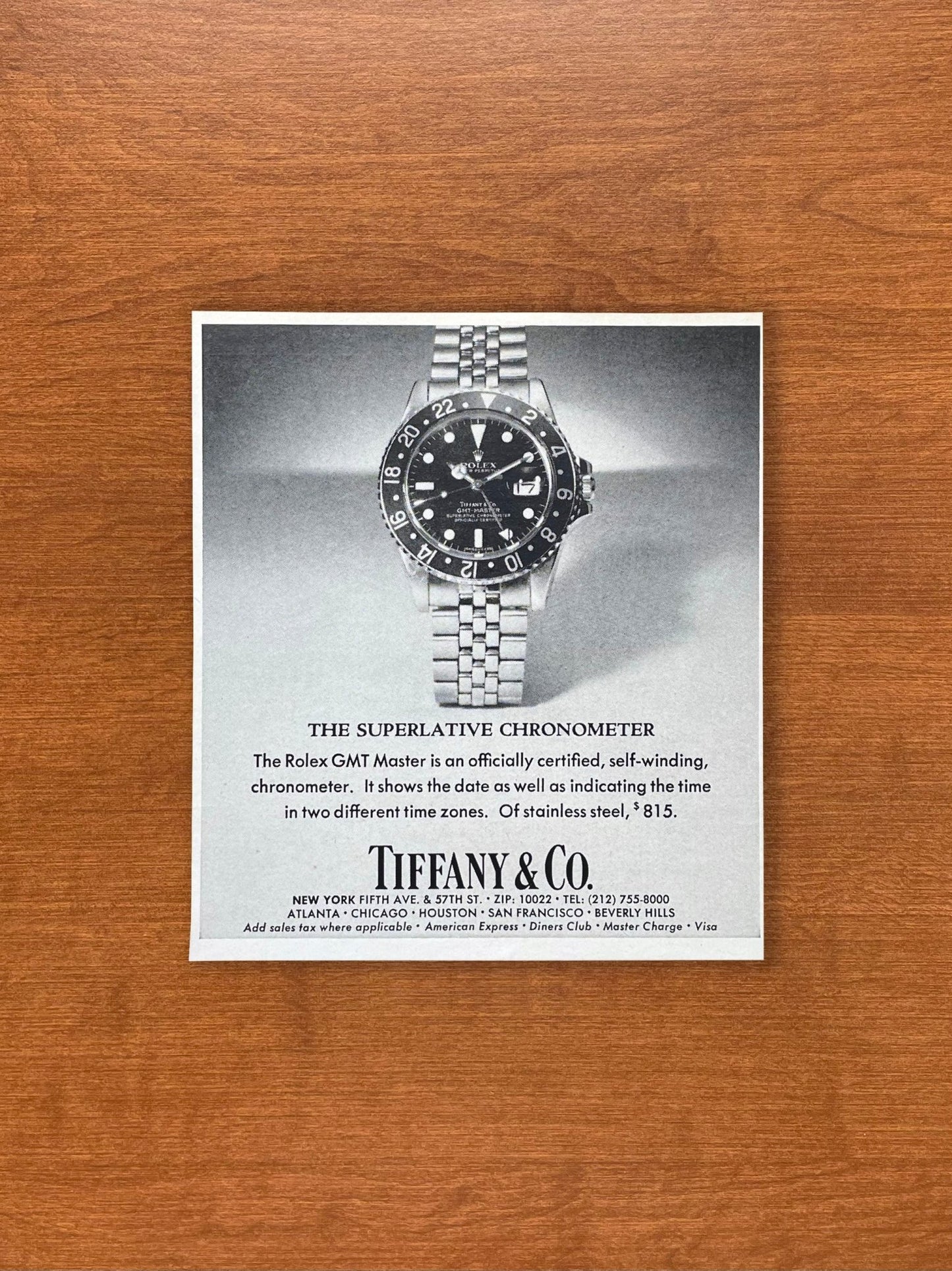 1978 Rolex GMT Master Ref. 1675 at Tiffany & Co. Advertisement