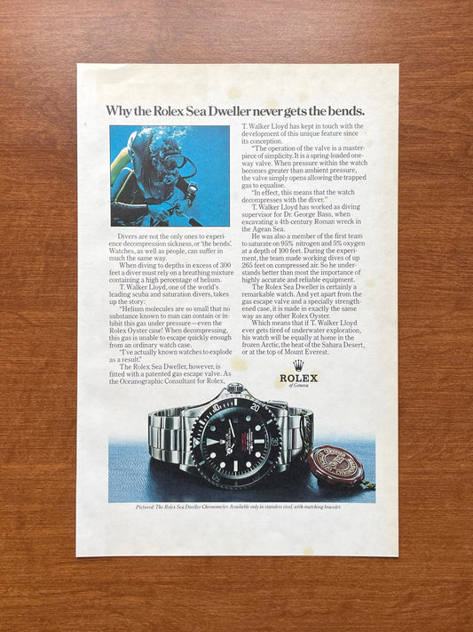 1979 Rolex Sea Dweller Ref. 1665 "never gets the bends." Advertisement