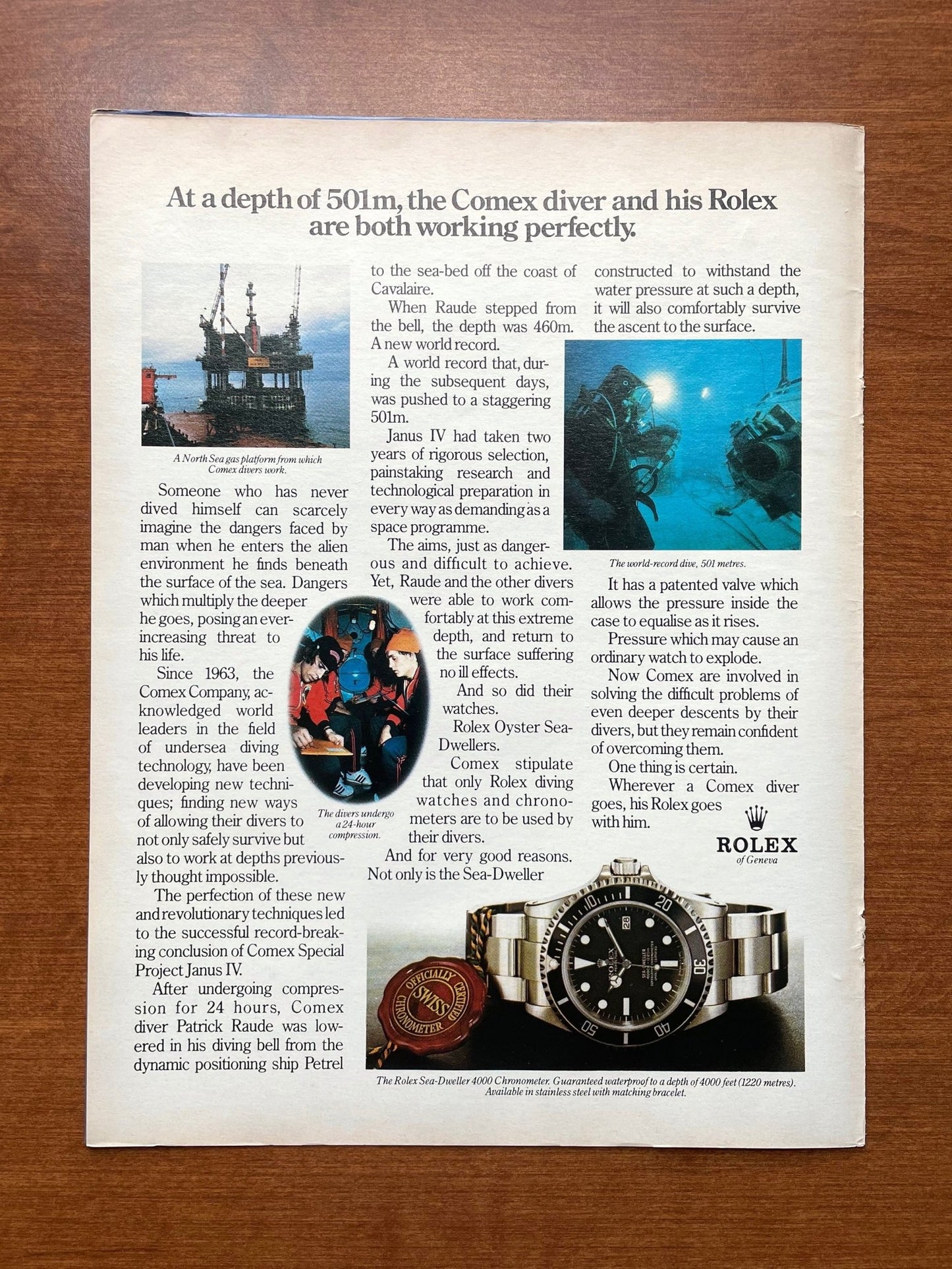 1984 Rolex Sea Dweller Ref. 16660 "the Comex diver..." Advertisement