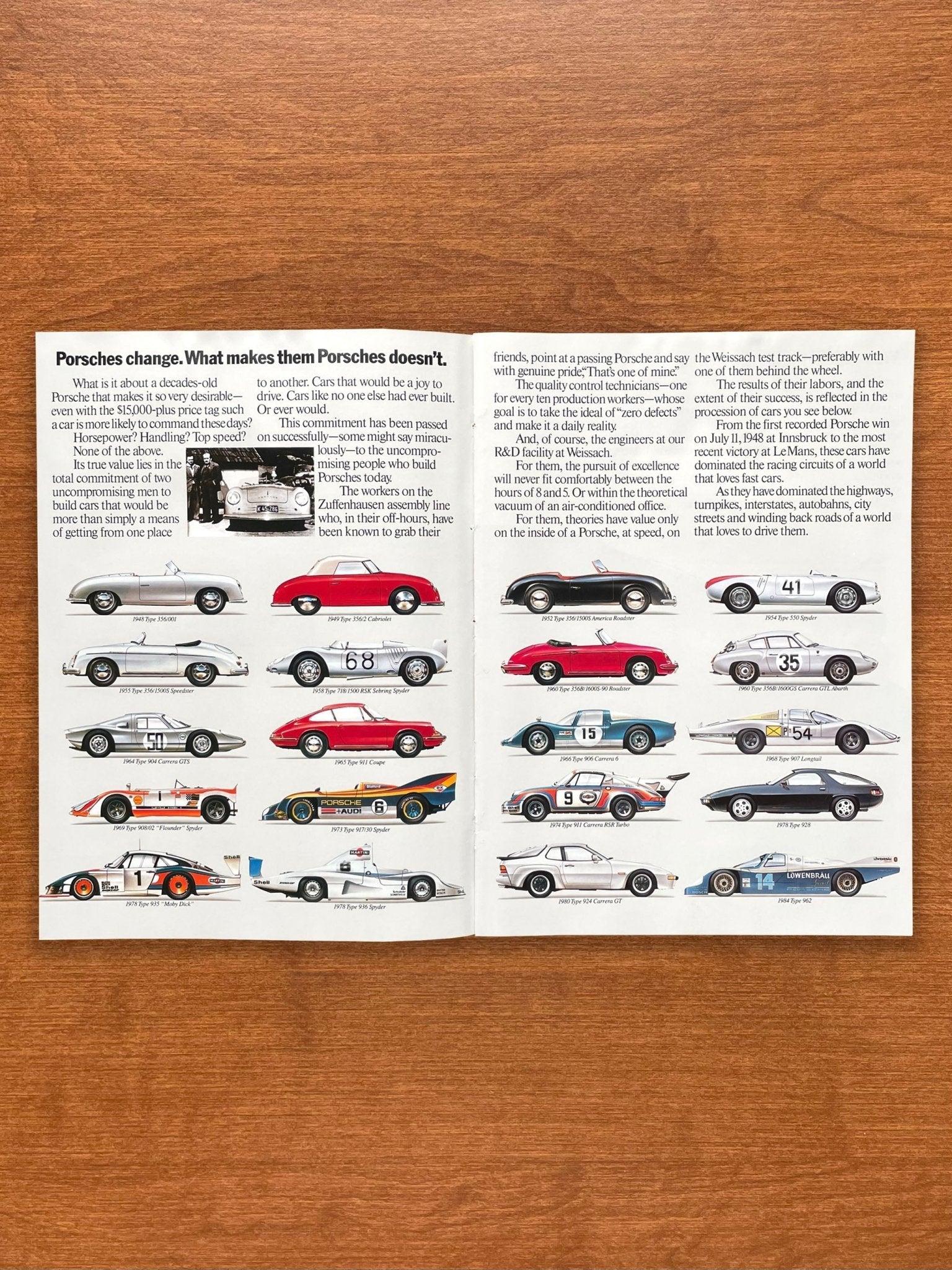 1986 "Porsches change. What makes them Porsches doesn't." Advertisement