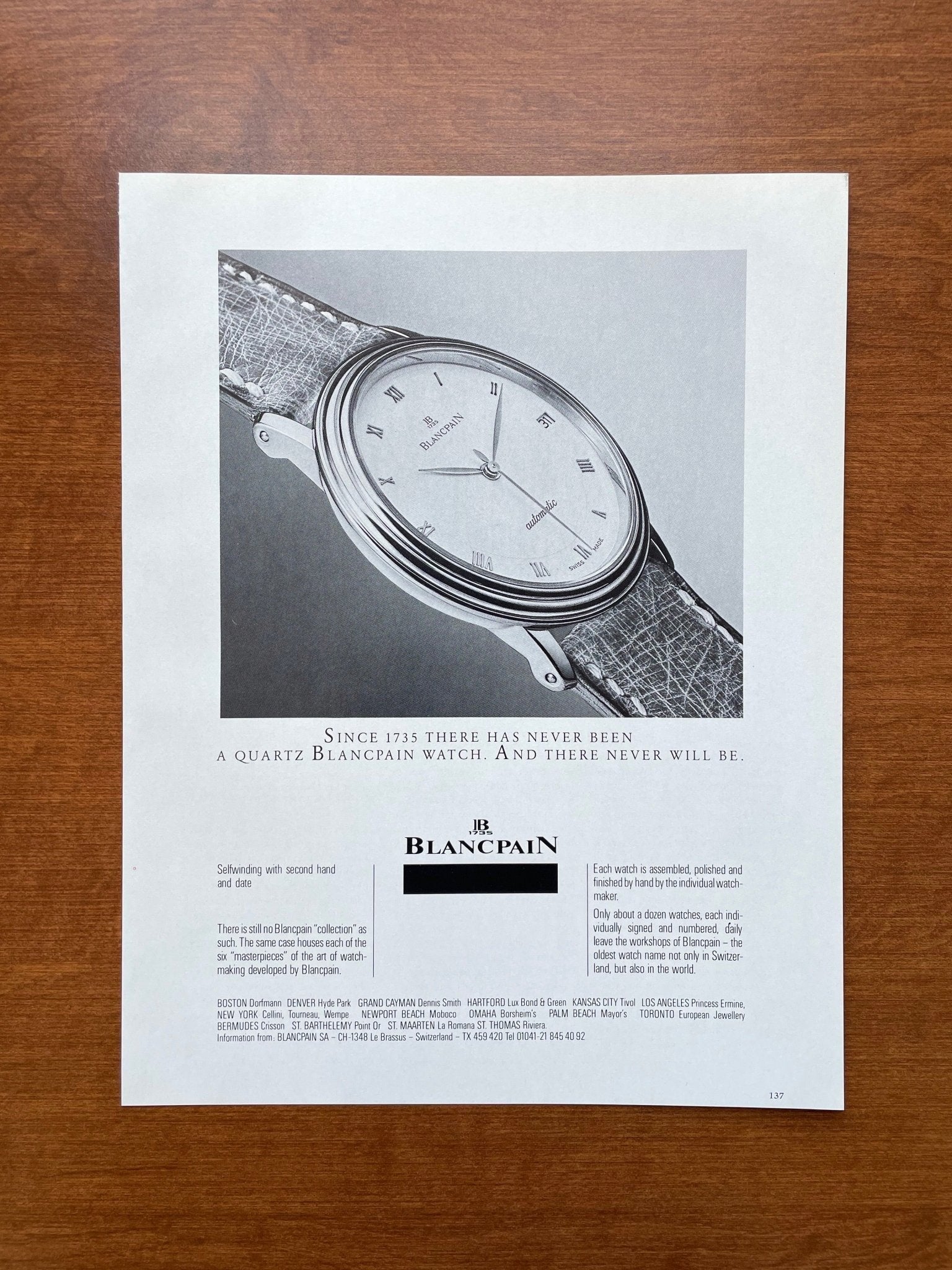 1989 Blancpain Wristwatch Advertisement