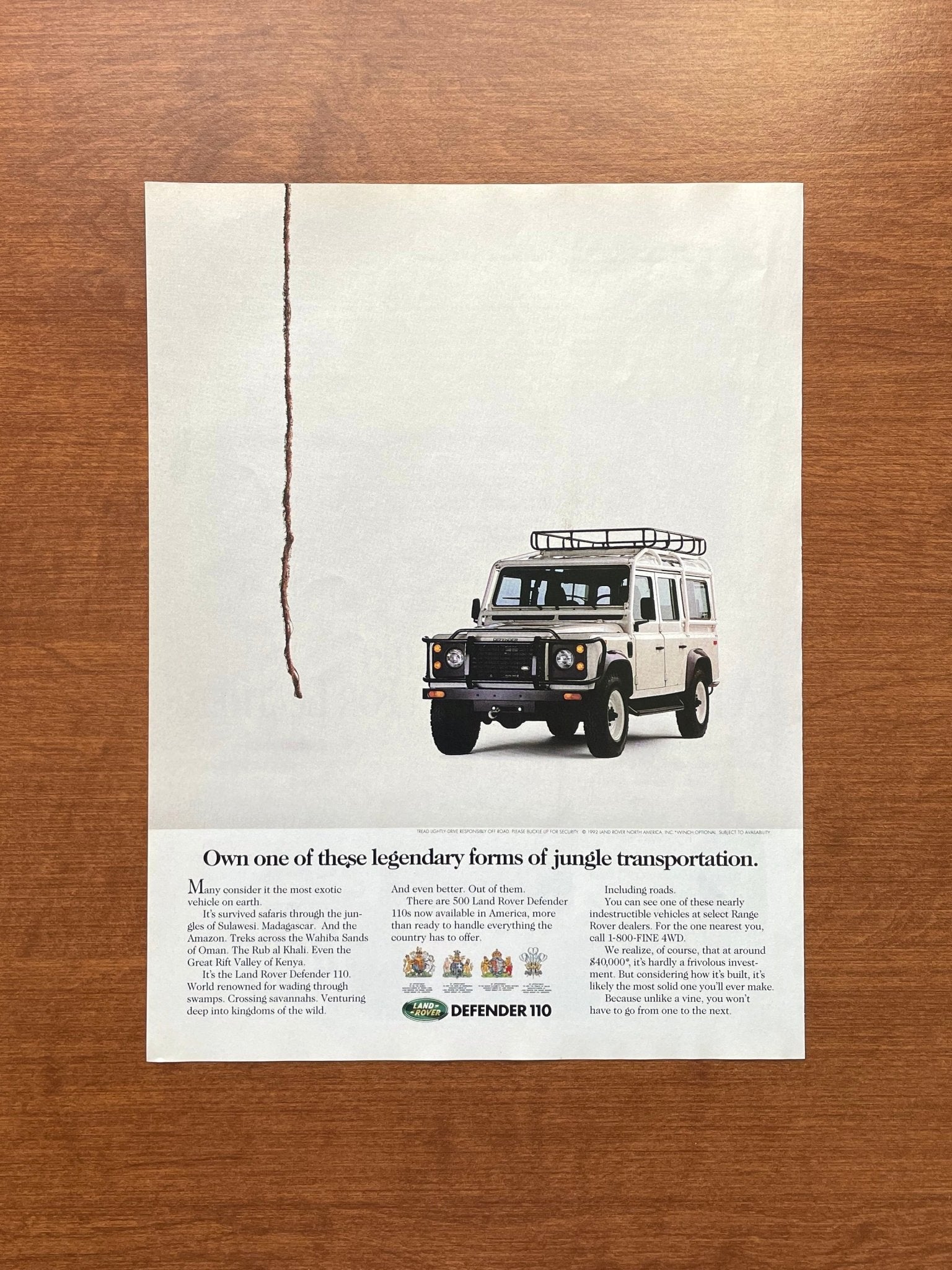 1992 Land Rover Defender 110 "jungle transportation." Advertisement