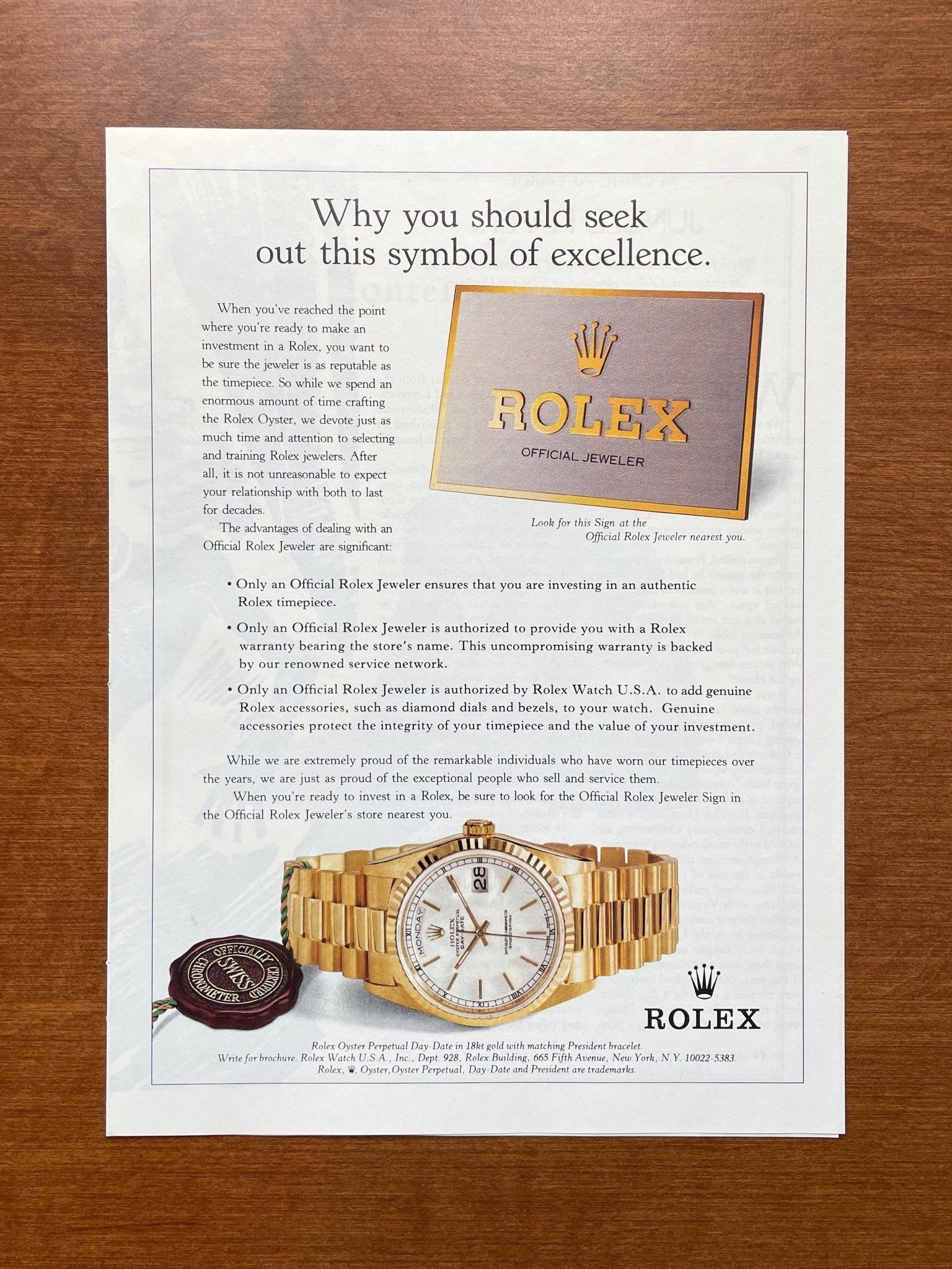 1995 Rolex Day Date Ref. 18238 "symbol of excellence." Advertisement