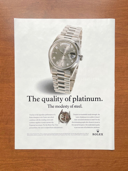 1999 Rolex Platinum Day Date Ref. 18206 "modesty of steel." Advertisement