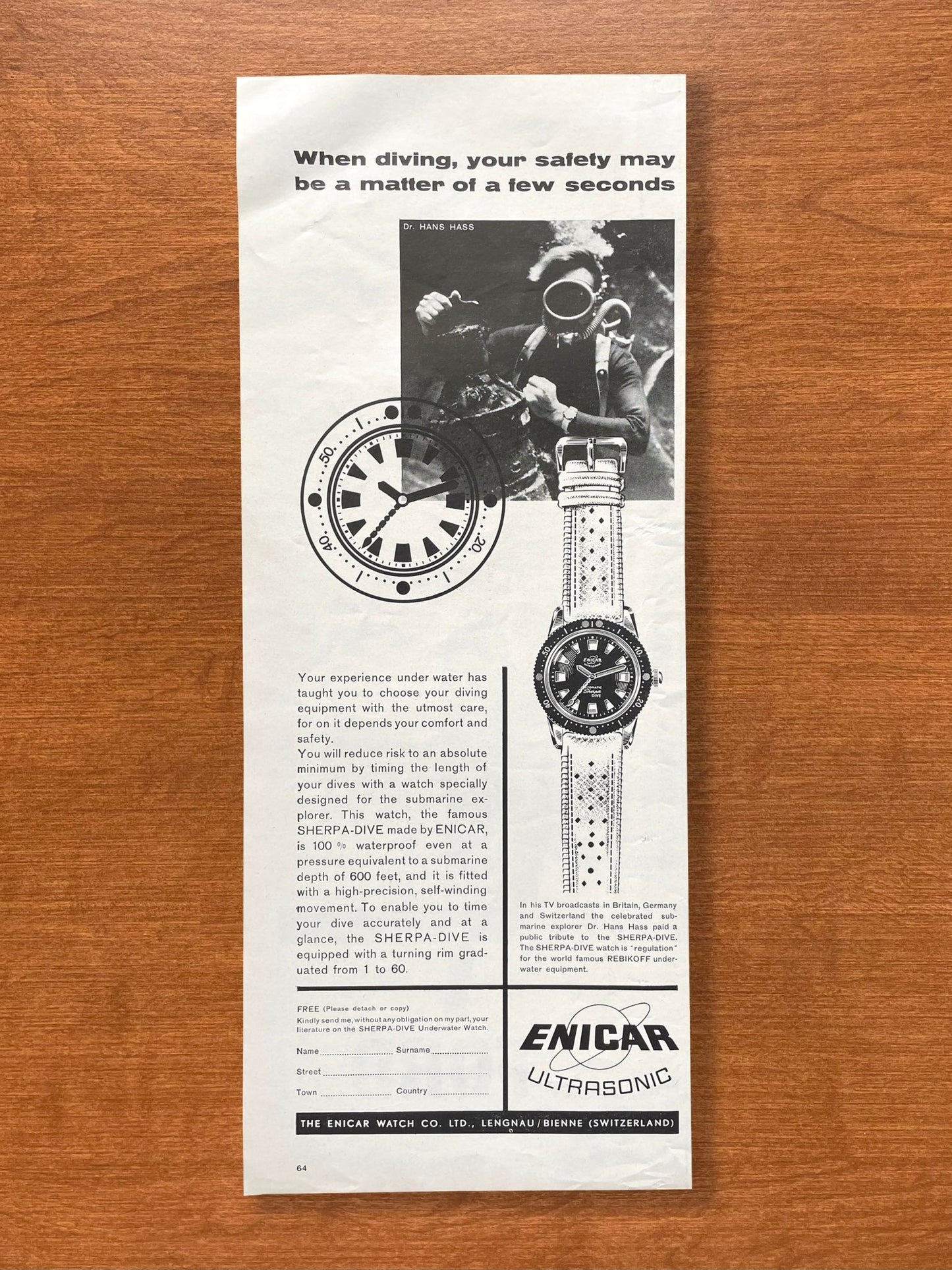 Vintage Enicar Sherpa Dive Watch Advertisement