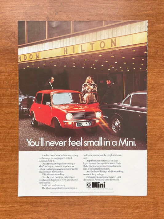 Vintage Mini "You'll never feel small in a Mini." Advertisement