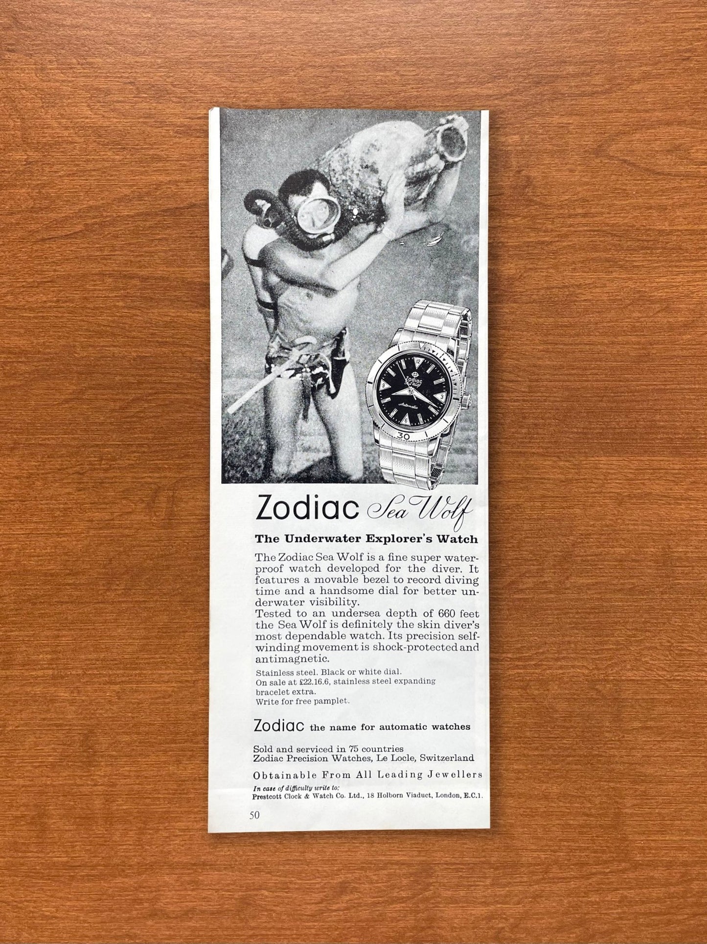 Vintage Zodiac Sea Wolf "Underwater Explorer's Watch" Advertisement